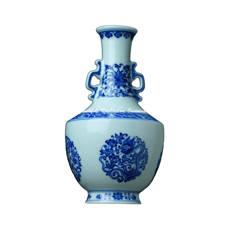 Chai Kiln Imitation Qing Dynasty Qianlong Blue and White Sea Water Kui Dragon Double Ears Vase