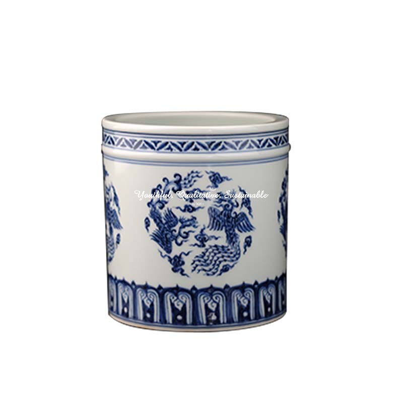 Chai Kiln Hand-Painted Blue and White Double Phoenix Ball Pattern Brush Pot - Imitation Xuande in Firewood Kiln